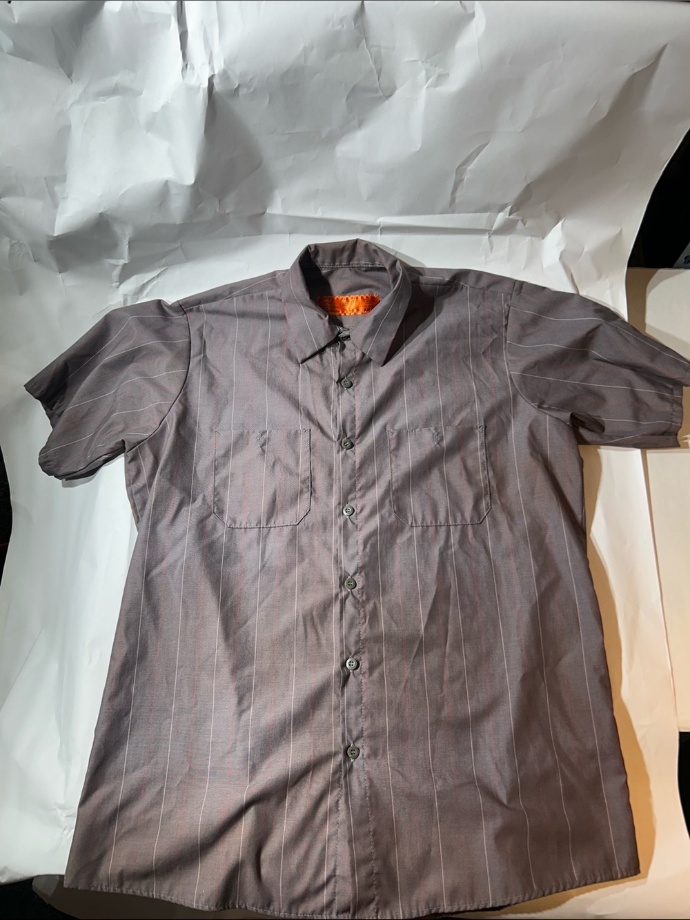 Red Kap Men's Short-Sleeve Button-Up Shirt - Gray w/ Pinstripes (Minor Stains)